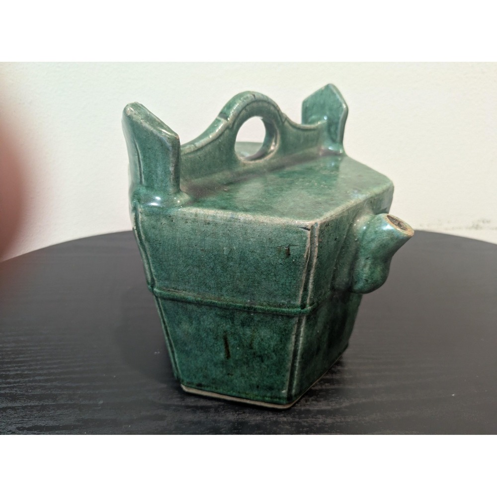 Antique Chinese Ceramic Water Tea Pot Green Glazed Hexagonal Stoneware 1800s